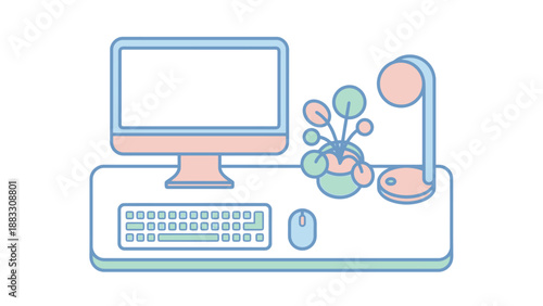 Modern workspace with computer, keyboard, mouse, plant, and lamp, minimalist design.