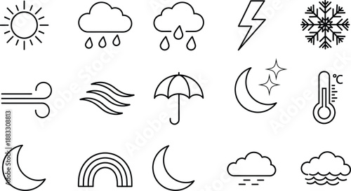 A collection of black outline weather icons including sun, rain, snow, wind, and lightning