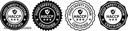 HACCP (Hazard Analysis Critical Control Points), food safety system, logo, badge, icon, sticker, label, emblem, stamp, symbol, green, gold, flat vector, isolated illustration. HACCP certified.