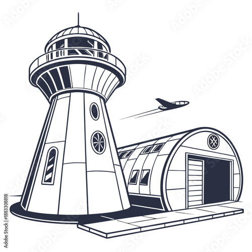 Futuristic airfield control tower and hangar with airplane