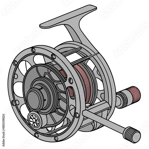 Fly fishing reel with red spool and metal components
