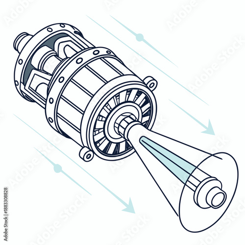 Futuristic hovering engine core with turbine blades and motion lines