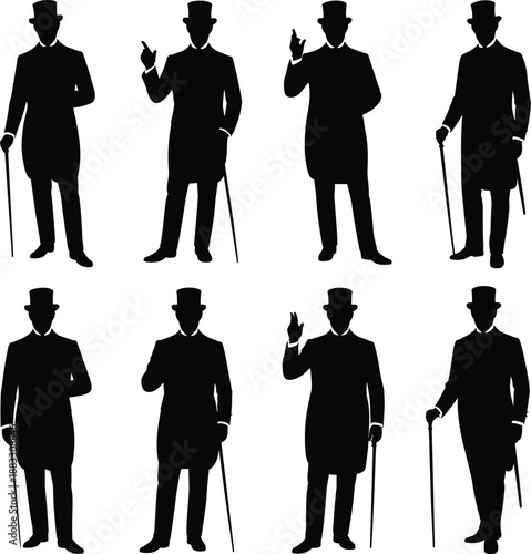 Vintage Gentleman Silhouette Collection, Victorian Men wearing Tuxedos with Top Hats and Walking Canes, Elegant Retro Formal Wear 