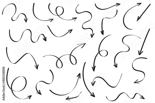 Black hand drawn line brush sketch arrows set. Doodle sketch curved and swirly arrows for infographic. Vector illustration