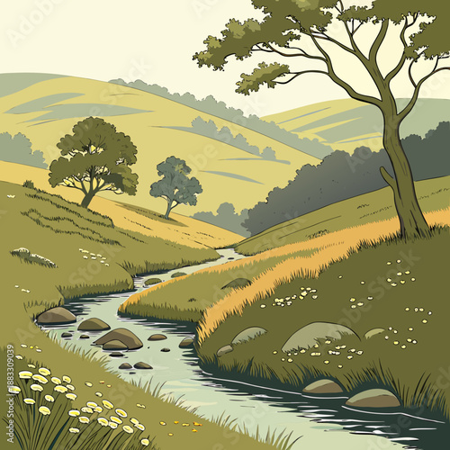 Serene countryside landscape with rolling hills and clear stream