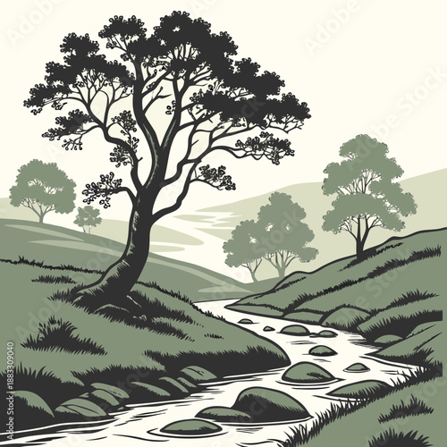 Serene countryside valley with clear water stream and trees