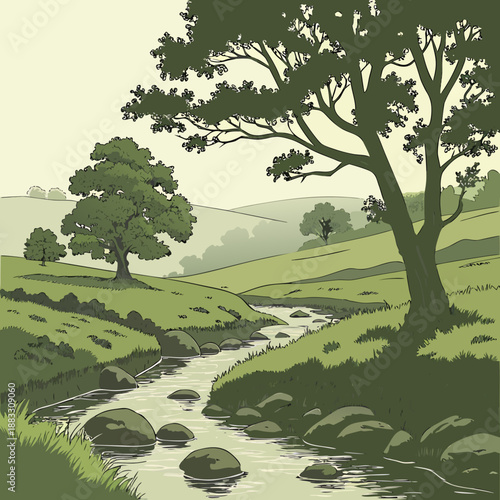 Serene countryside valley with clear water stream and trees 1