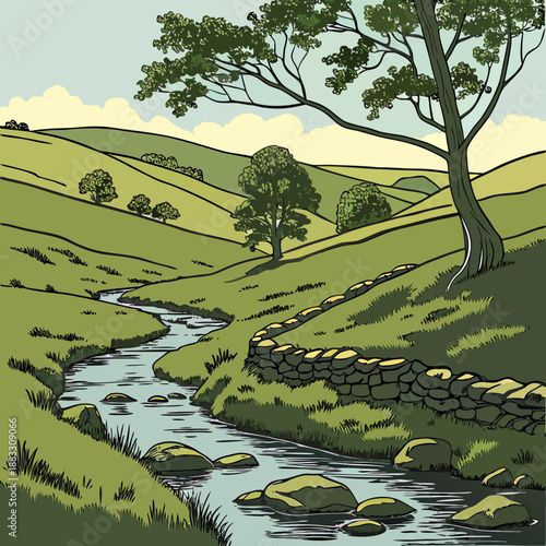 Serene rural landscape with flowing creek and rolling hills