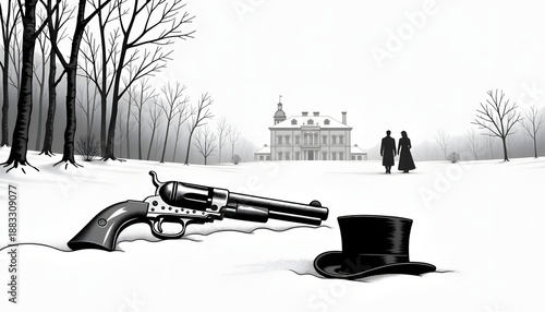 Mysterious black-and-white illustration featuring a revolver and top hat in a snowy landscape with a mansion in the background
