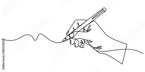 Hand holding pen writing in one continuous line, diary and letter concept, simple linear style, editable stroke, doodle vector illustration.