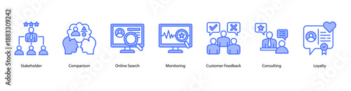 Stakeholder and Review Dynamics web banner icon vector illustration featuring Review, Stakeholder, Comparison, Online Search, Monitoring, Customer Feedback, and Consulting.