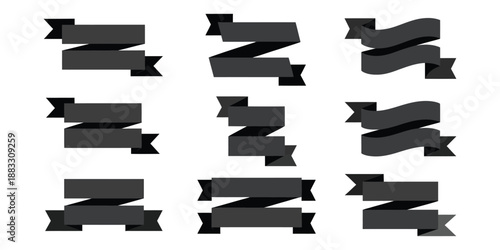Nine dark grey ribbon banners on white background 1