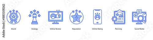Strategic Online Presence web banner icon vector illustration featuring Loyalty, Brand, Strategy, Online Review, Reputation, Online Rating, Planning, and Social Media.