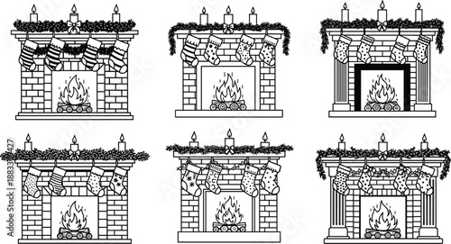 Christmas fireplace set with stockings, candles, and garlands decorating brick hearths illustrated in detailed black and white line art style