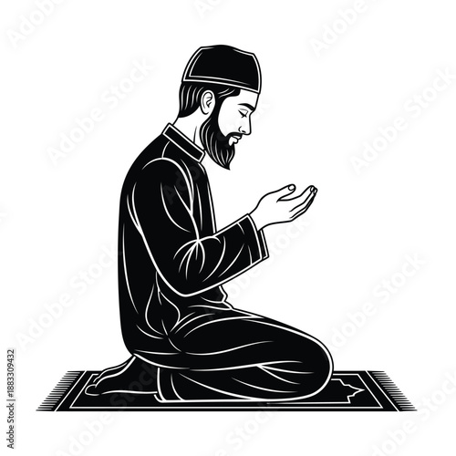Muslim man in prayer, kneeling on a prayer rug, focused and devout.