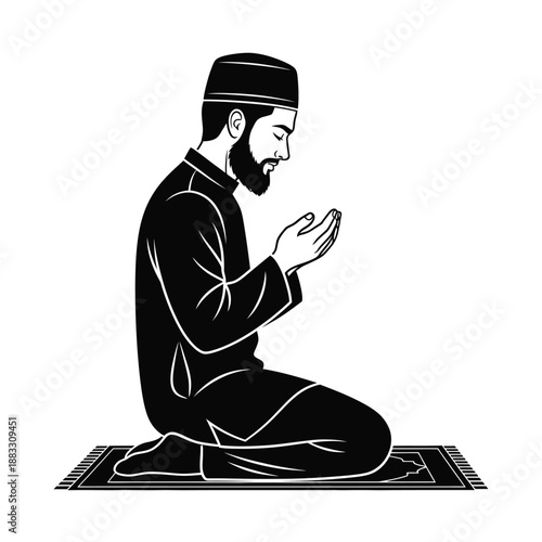 Muslim man in prayer, kneeling on a prayer rug, focused and devout.