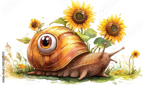 A cute cartoon snail with a happy smile crawls on a colorful yellow sunflower in a sunny summer garden illustration isolated on white