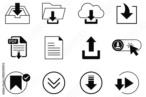 Collection of download icon vector set.  Containing as download file, PDF icons, document and more. Download icons with arrows in flat design.  Vector illustration.