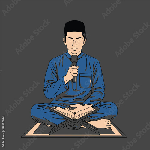 Muslim man reciting religious text with microphone and focused expression.