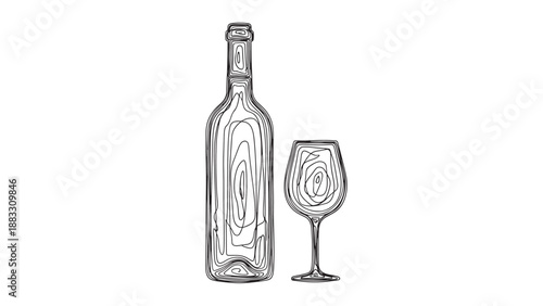 One Line Drawing of a Wine Bottle and Glass, Symbolizing Enjoyment and Relaxation