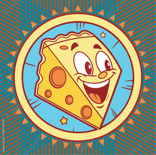 A delicious hot pepperoni pizza slice with melting cheese and tomato on an abstract background, featuring a vibrant Italian pizzeria design in a flat vector illustration style