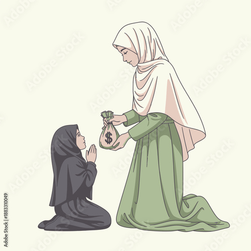 Muslim woman giving charity to a child, a symbol of generosity and compassion.