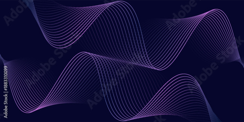Dark abstract background with glowing wave. Shiny moving lines design element. Modern purple blue gradient flowing wave lines. Futuristic technology concept. Vector illustration