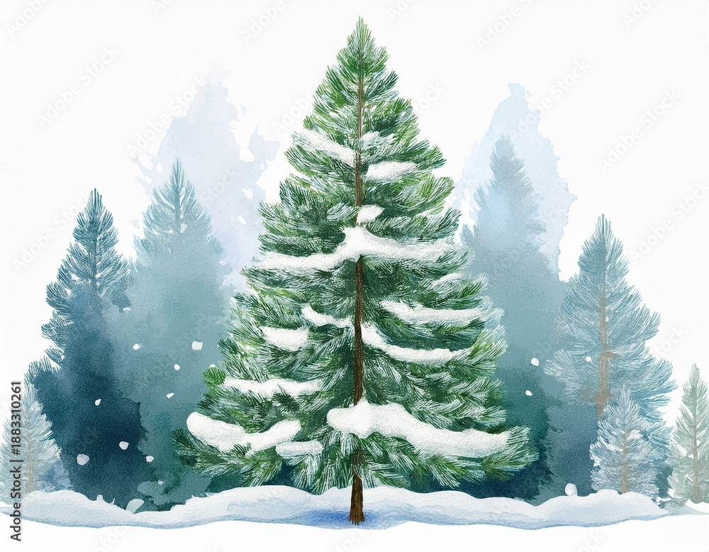 Obraz premium watercolor snow covered pine tree on white background