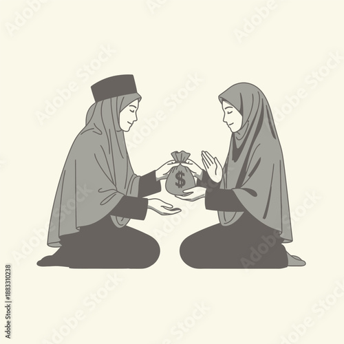 Muslim woman giving charity to another person, sharing money for good deeds.