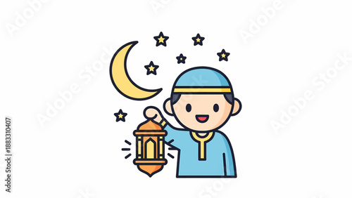 Joyful cartoon of a child holding a traditional lantern, celebrating a festive night with a crescent moon and stars, embodying cultural peace and happiness