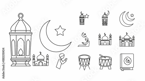 Collection of Ramadan icons and symbols representing Islamic culture and traditions including mosques, crescent moon, lanterns, and prayer