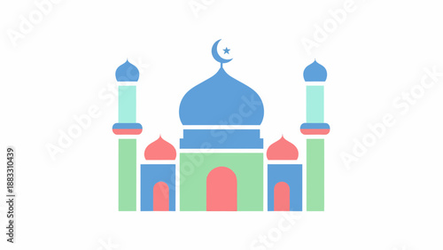 Stylized illustration of a mosque with colorful towers and a central dome, symbolizing Islamic culture and architecture