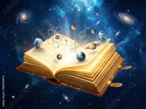 Open book with glowing pages and cosmic elements, planets, and scientific symbols in space