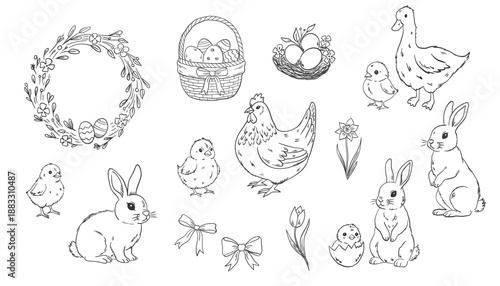 Set of doodle hand drawn elements for Easter in coquette style. Cute bunnies, bows and ribbons, flowers and leaves, basket, eggs. Vintage girly decoration. Whimsical vector illustration.