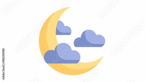 A crescent moon is seen in the night sky partially covered by soft, fluffy clouds, creating a serene atmosphere