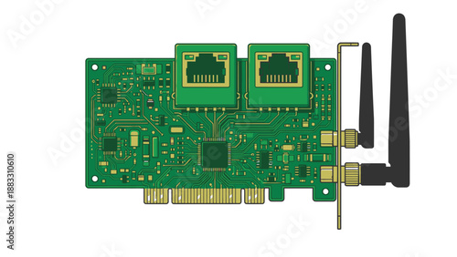 Network card with dual Ethernet ports and wireless antennas for computer connectivity.