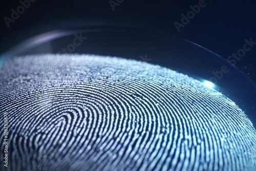 Close-up view of a fingerprint pattern illuminated by soft blue light on a dark background