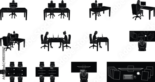 Silhouette Illustration of Women Working at Computer Desk.