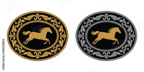 Horse label vector design, western rodeo belt buckle, cowboy culture silhouette in gold and silver, ranch and festival decorative artwork.