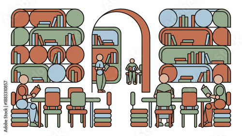 People reading books in a library with bookshelves and tables.