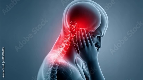 Medical animation showing a person suffering from severe neck pain, with the inflamed area highlighted in red. The x ray view reveals the cervical vertebrae, illustrating spinal injury or disease