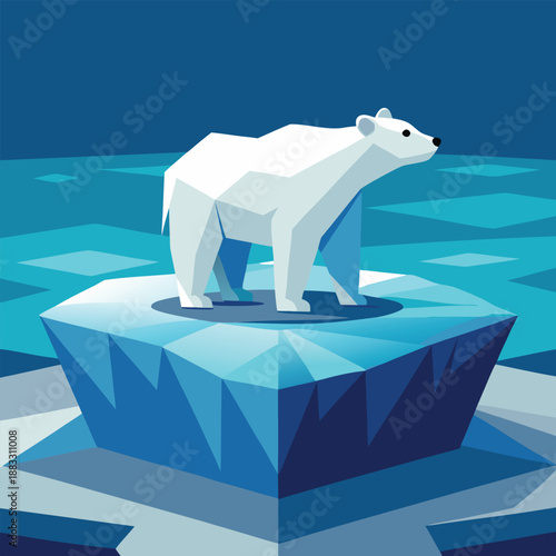 A geometric polar bear stands proudly on a floating ice floe