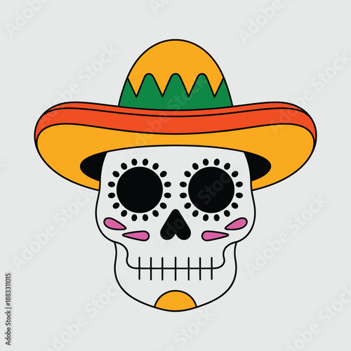 cartoon sugar skull wearing a mexican sombrero hat, vector illustration