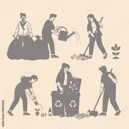 People cleaning up the environment, collecting trash and recycling waste.