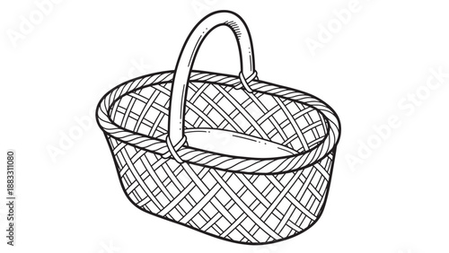 Hand-Drawn Sketch of an Oval Wicker Basket with a Handle