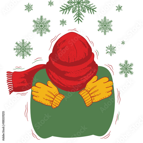 Person bundled up in winter clothes, feeling cold and shivering in the snow.