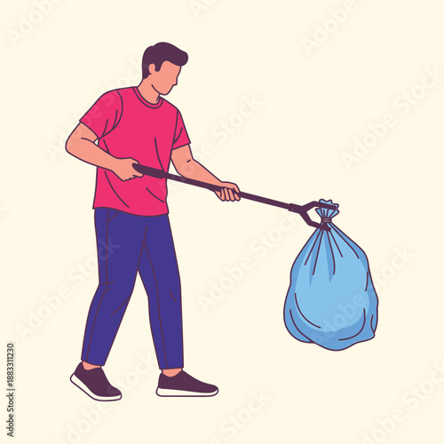 Person picking up trash with a grabber tool and a blue trash bag.