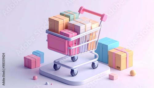 段ボール箱が乗った買い物カートと通販物流の3Dクレイイラスト