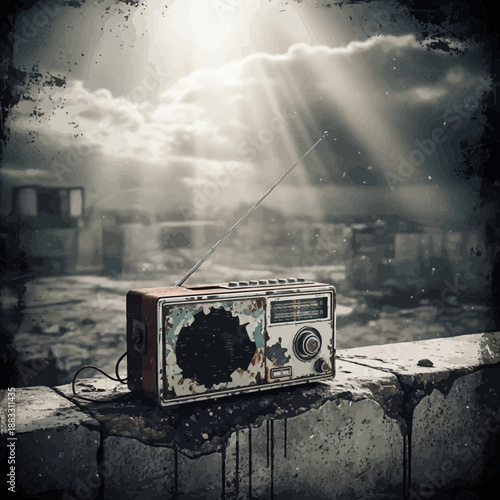 Vintage Radio Amidst Ruined Cityscape, Hopeful Communication