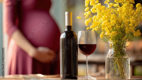 A pregnant woman stands near a glass of red wine, highlighting the delicate balance between indulgence and well-being. ..Created with Generative AI, not depicting real subjects.